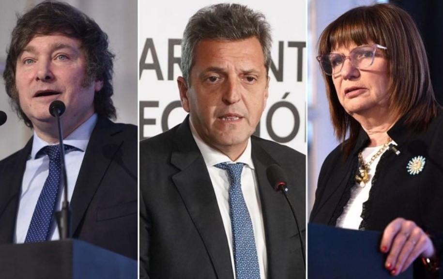 Der politische Außenseiter Javier Milei, der Wirtschaftsminister Sergio Massa und die ehemalige Sicherheitsministerin Patricia Bullrich sind die Spitzenkandidaten der Wahl (v.l.n.r.) Argentinier wollen mit der Wahl eines neuen Präsidenten dem wirtschaftlichen Schlamassel entkommen