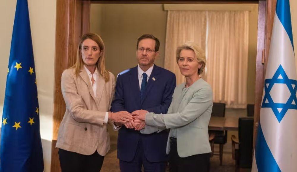 Die Präsidentin des Europäischen Parlaments Roberta Metsola, der israelische Präsident Isaac Herzog und die Präsidentin der Europäischen Kommission Ursula von der Leyen in Tel Aviv, Israel, 13. Oktober 2023. Europas chaotische Reaktion auf den Israel-Hamas-Krieg zeigt zur Freude seiner Feinde seine Schwäche